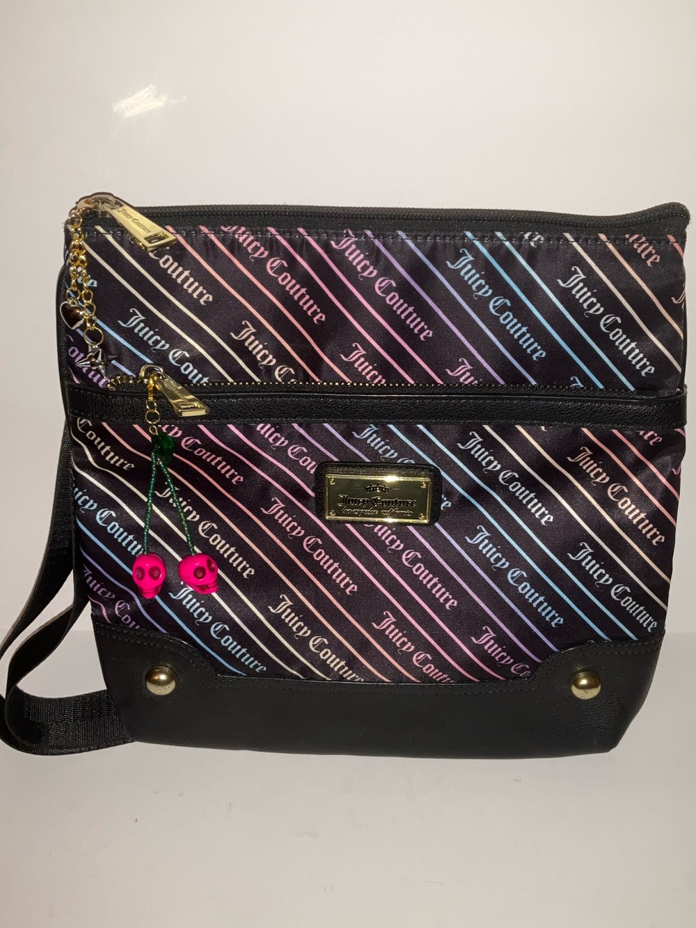 Juicy Couture "Next in Line" Diagonal Stripe Logo Rainbow Crossbody File Bag